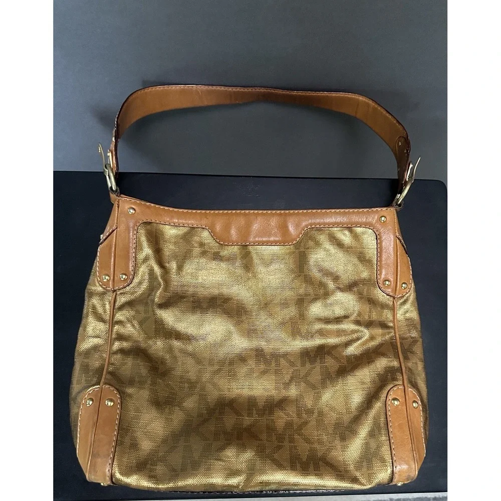 Y2K Michael‎ Kors Gold MK signature logo hobo shoulder bag purse studs Rare